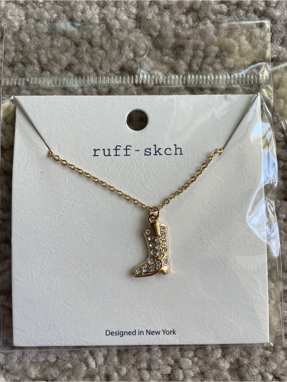 Western Boot Gold Tone Crystal Rhinestone Pendant Charm Necklace by Ruff-skch
